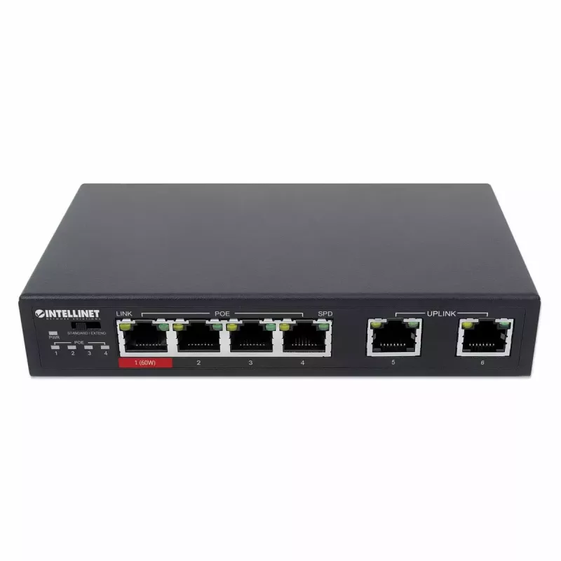 Intellinet 6 portu ātrdarbīgs Ethernet slēdzis ar 4 PoE portiem, 65 W jaudas budžets
