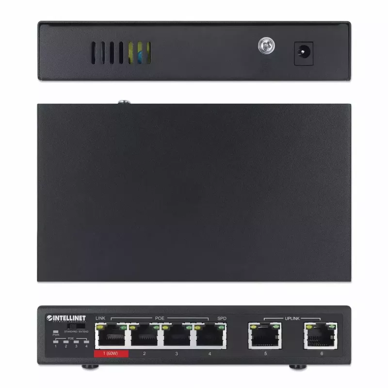 Intellinet 6 portu ātrdarbīgs Ethernet slēdzis ar 4 PoE portiem, 65 W jaudas budžets