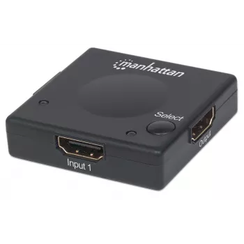 Manhattan HDMI pārslēdzējs, 2 portu, 1080p, savieno 2 HDMI avotus ar 1 displeju, automātiska un manuāla pārslēgšanās (ar pogu), nav nepieciešama ārēja barošana, melns, trīs gadu garantija