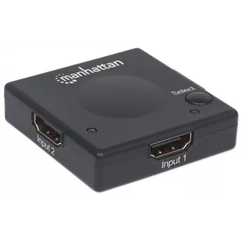 Manhattan HDMI pārslēdzējs, 2 portu, 1080p, savieno 2 HDMI avotus ar 1 displeju, automātiska un manuāla pārslēgšanās (ar pogu), nav nepieciešama ārēja barošana, melns, trīs gadu garantija