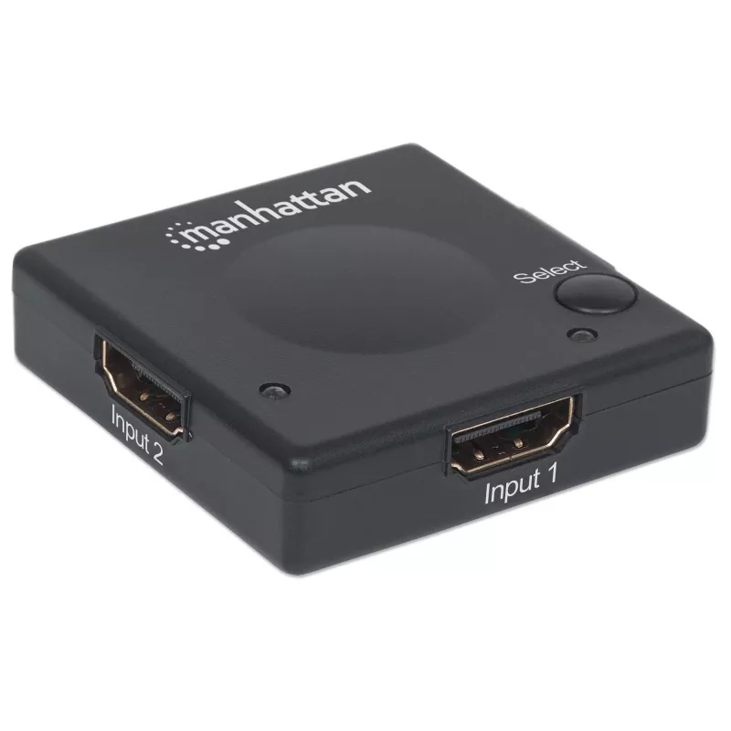 Manhattan HDMI pārslēdzējs, 2 portu, 1080p, savieno 2 HDMI avotus ar 1 displeju, automātiska un manuāla pārslēgšanās (ar pogu), nav nepieciešama ārēja barošana, melns, trīs gadu garantija