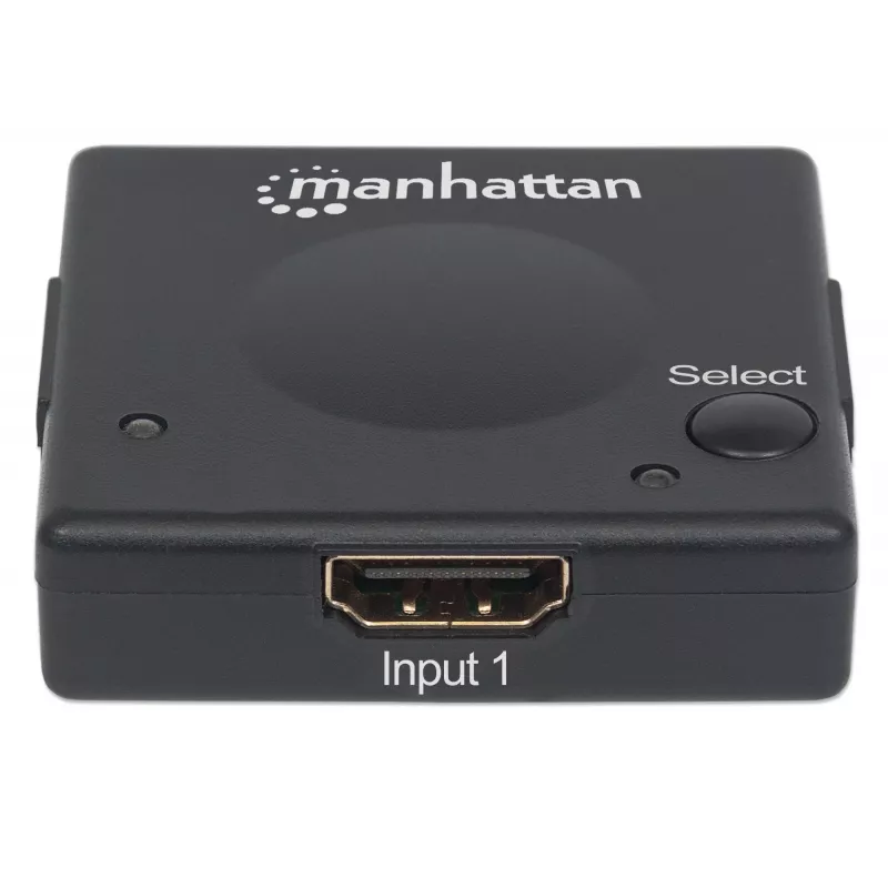 Manhattan HDMI pārslēdzējs, 2 portu, 1080p, savieno 2 HDMI avotus ar 1 displeju, automātiska un manuāla pārslēgšanās (ar pogu), nav nepieciešama ārēja barošana, melns, trīs gadu garantija