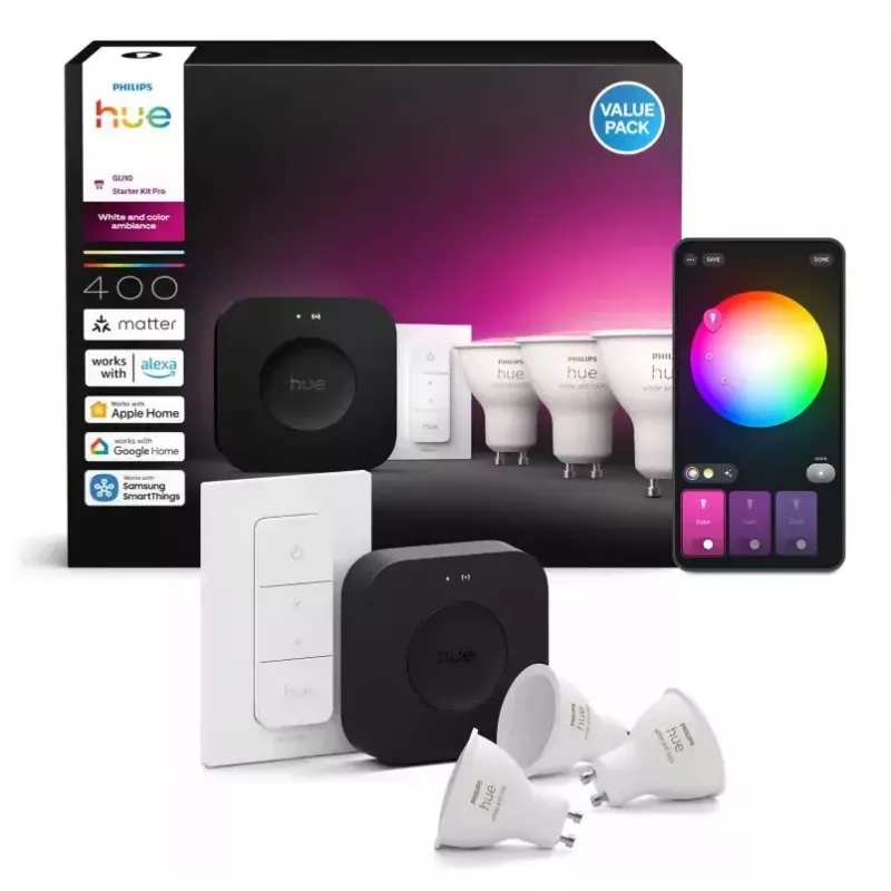 Philips Hue White and colour ambience Starter kit: 3 GU10 spuldzes + Dimmer slēdzis + Bridge Pro