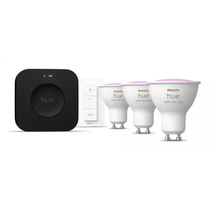 Philips Hue White and colour ambience Starter kit: 3 GU10 spuldzes + Dimmer slēdzis + Bridge Pro
