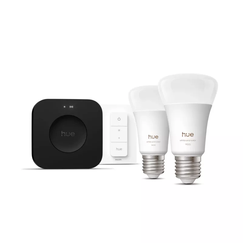 Philips Hue White and colour ambience Starter kit: 2 E27 viedās spuldzes + Dimmer slēdzis + Bridge Pro