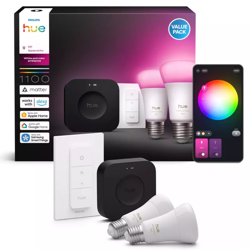 Philips Hue White and colour ambience Starter kit: 2 E27 viedās spuldzes + Dimmer slēdzis + Bridge Pro
