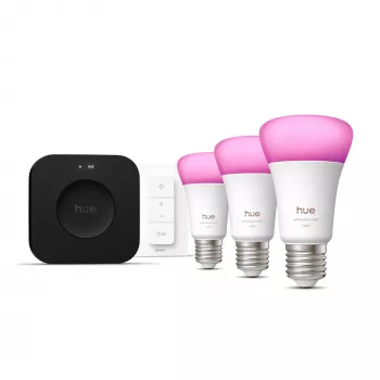 Viedā apgaismojuma komplekts Philips Hue White and Colour Ambience Starter Kit — 3 E27 viedās spuldzes, Dimmer slēdzis, Bridge Pro, Bluetooth/Zigbee