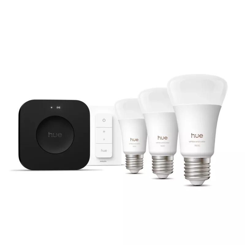 Viedā apgaismojuma komplekts Philips Hue White and Colour Ambience Starter Kit — 3 E27 viedās spuldzes, Dimmer slēdzis, Bridge Pro, Bluetooth/Zigbee