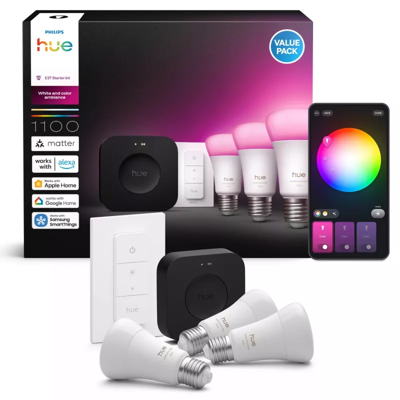 Viedā apgaismojuma komplekts Philips Hue White and Colour Ambience Starter Kit — 3 E27 viedās spuldzes, Dimmer slēdzis, Bridge Pro, Bluetooth/Zigbee