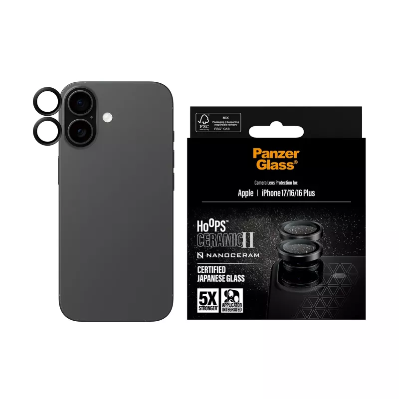 Kameras lēcas aizsargs PanzerGlass Hoops Ceramic II iPhone 17 16 16 Plus pret skrāpējumiem triecienizturīgs