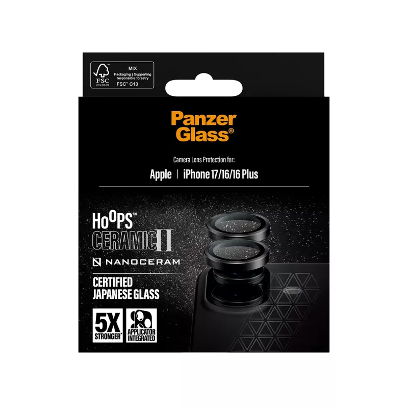 Kameras lēcas aizsargs PanzerGlass Hoops Ceramic II iPhone 17 16 16 Plus pret skrāpējumiem triecienizturīgs
