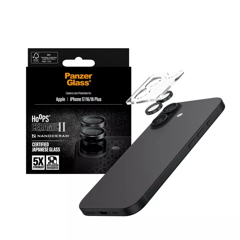 Kameras lēcas aizsargs PanzerGlass Hoops Ceramic II iPhone 17 16 16 Plus pret skrāpējumiem triecienizturīgs