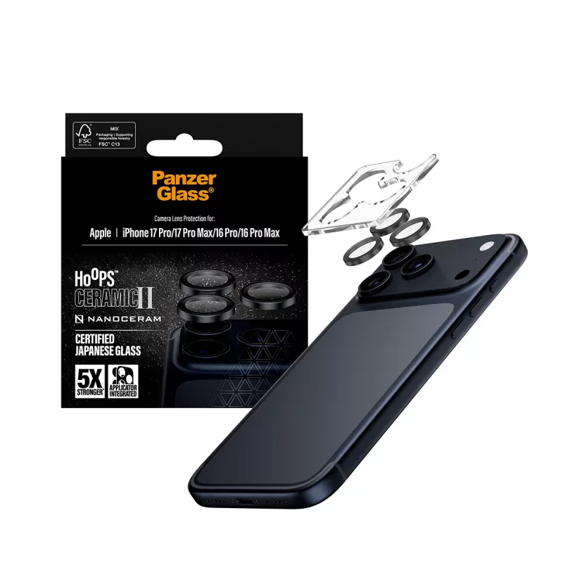 PanzerGlass ® Hoops® Ceramic II Kameras objektīva aizsargs iPhone 17 Pro | iPhone 17 Pro Max | iPhone 16 Pro | 16 Pro Max