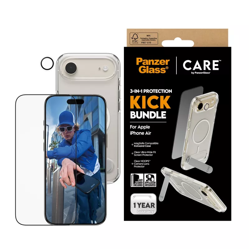 Ekrāna aizsardzības komplekts PanzerGlass CARE 3-in-1 Feature Kick priekš iPhone Air — rūdīts stikls, PET, silikons, caurspīdīgs