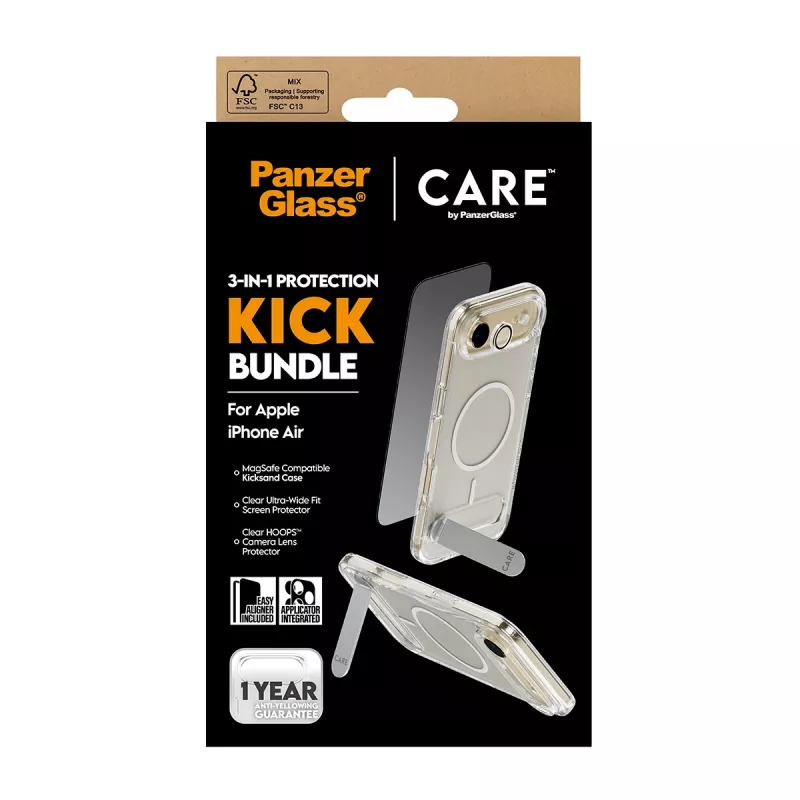 Ekrāna aizsardzības komplekts PanzerGlass CARE 3-in-1 Feature Kick priekš iPhone Air — rūdīts stikls, PET, silikons, caurspīdīgs
