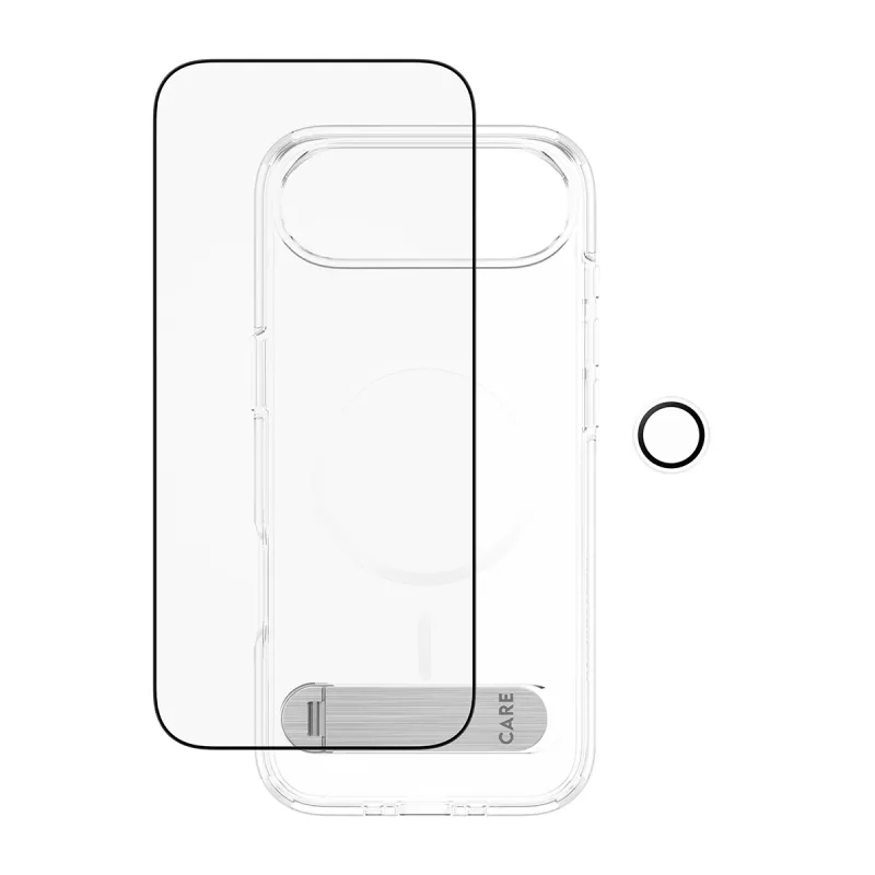 Ekrāna aizsardzības komplekts PanzerGlass CARE 3-in-1 Feature Kick priekš iPhone Air — rūdīts stikls, PET, silikons, caurspīdīgs