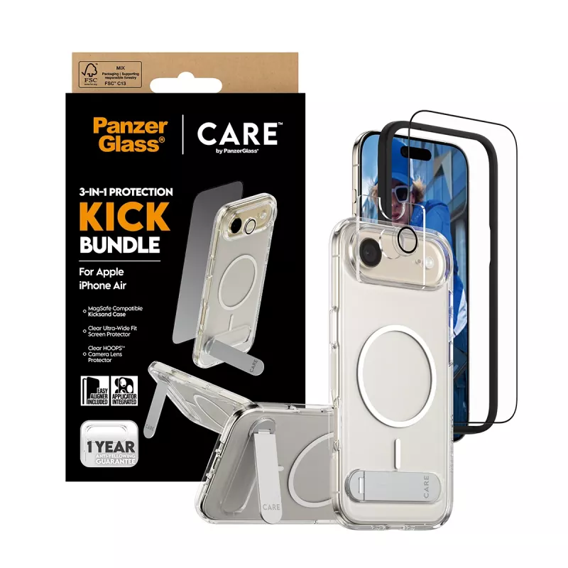 Ekrāna aizsardzības komplekts PanzerGlass CARE 3-in-1 Feature Kick priekš iPhone Air — rūdīts stikls, PET, silikons, caurspīdīgs