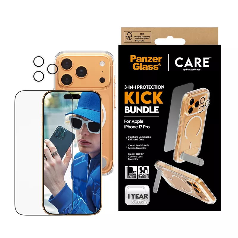 Aizsargapvalks PanzerGlass CARE Feature Kick 3w1 iPhone 17 Pro ar stikla objektīva pārsegu
