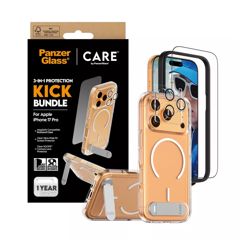 Aizsargapvalks PanzerGlass CARE Feature Kick 3w1 iPhone 17 Pro ar stikla objektīva pārsegu
