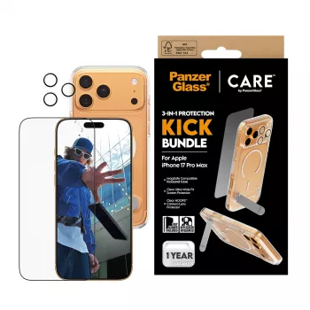 Ekrāna aizsarga un maciņa komplekts PanzerGlass CARE 3-in-1 Feature Kick iPhone 17 Pro Max — rūdīts stikls, PET, silikons, caurspīdīgs