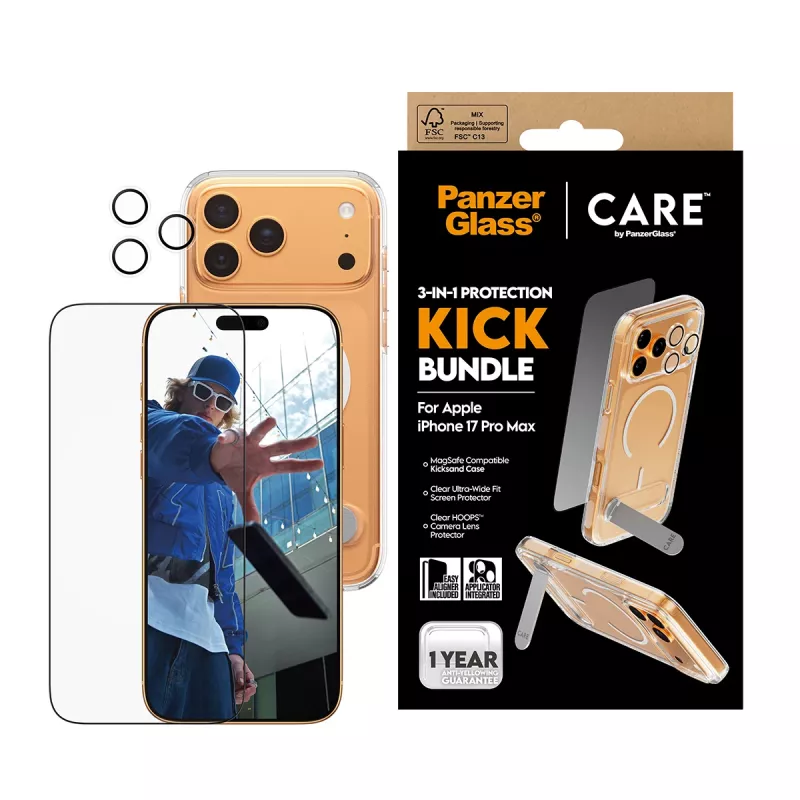 Ekrāna aizsarga un maciņa komplekts PanzerGlass CARE 3-in-1 Feature Kick iPhone 17 Pro Max — rūdīts stikls, PET, silikons, caurspīdīgs