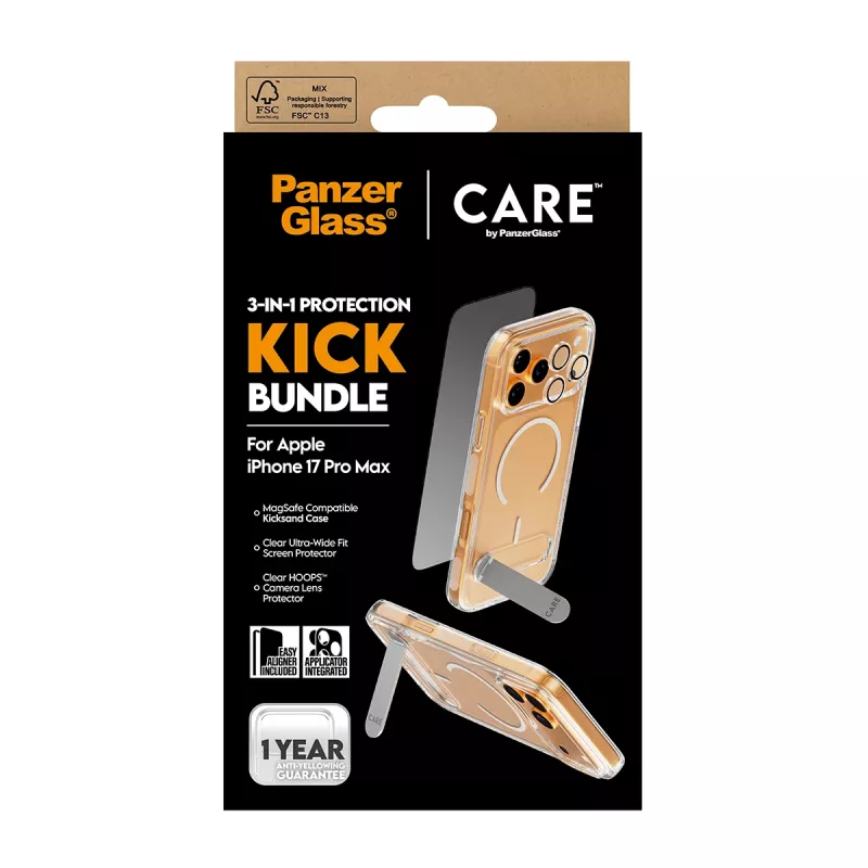 Ekrāna aizsarga un maciņa komplekts PanzerGlass CARE 3-in-1 Feature Kick iPhone 17 Pro Max — rūdīts stikls, PET, silikons, caurspīdīgs