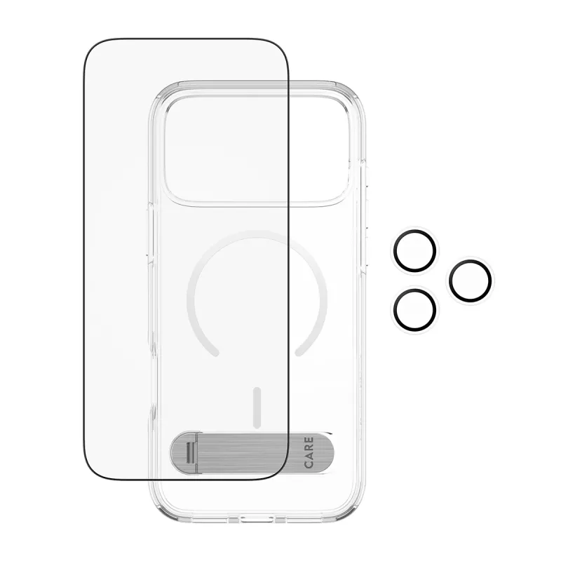 Ekrāna aizsarga un maciņa komplekts PanzerGlass CARE 3-in-1 Feature Kick iPhone 17 Pro Max — rūdīts stikls, PET, silikons, caurspīdīgs