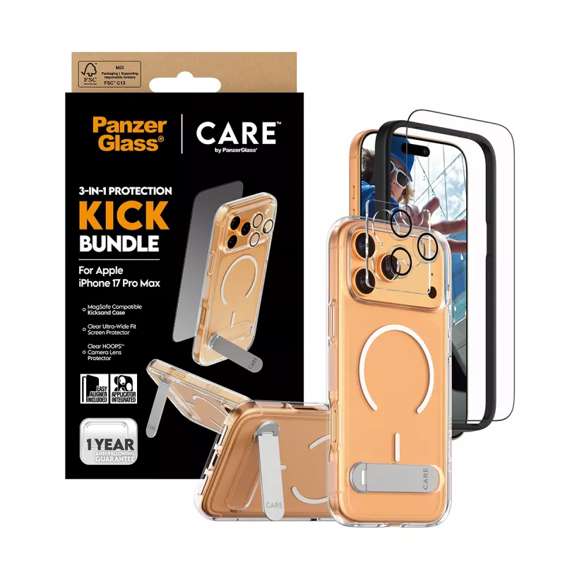Ekrāna aizsarga un maciņa komplekts PanzerGlass CARE 3-in-1 Feature Kick iPhone 17 Pro Max — rūdīts stikls, PET, silikons, caurspīdīgs