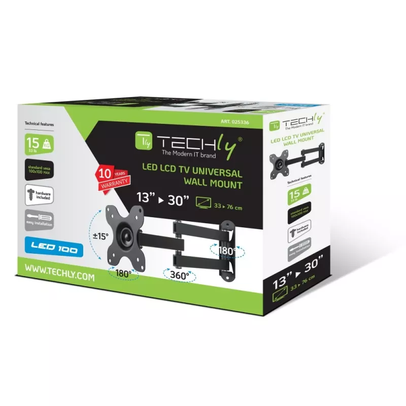 Techly sienas stiprinājums LCD LED 13-30 collu, noliecams, 2 šarnīri, melns ICA-LCD 923B