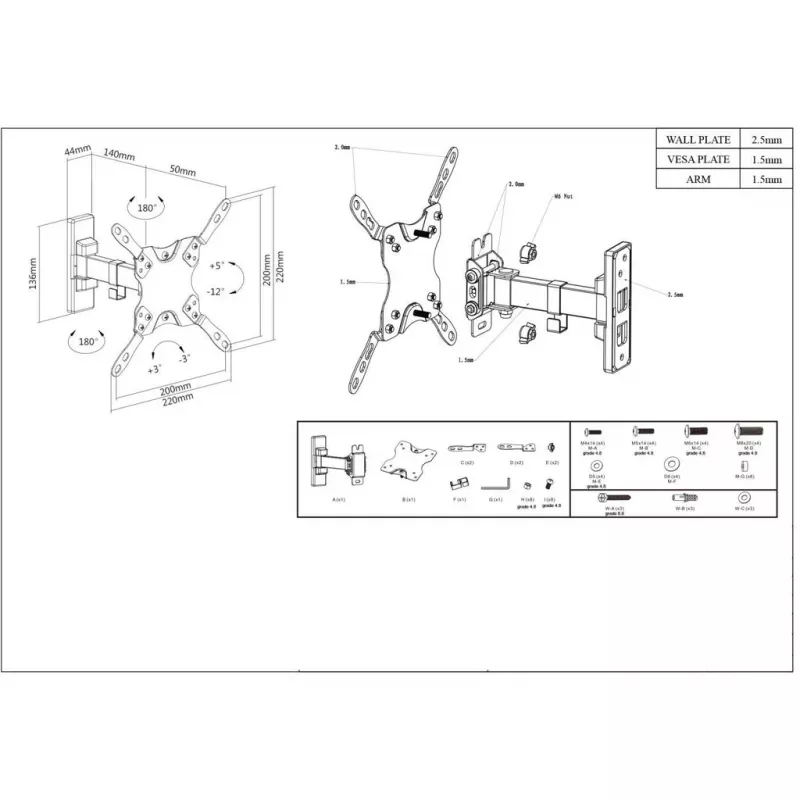 Manhattan sienas stiprinājums televizoriem un monitoriem (noliecams un pagriežams, 2 eņģes), ekrāniem no 13 inch līdz 42 inch, VESA saderība: visi no 75x75 mm līdz 200x200 mm - pārbaudiet četru montāžas caurumu izmērus ekrāna aizmugurē, lai pārliecinātos par piemērotību, maks. 20 kg, kronšteins