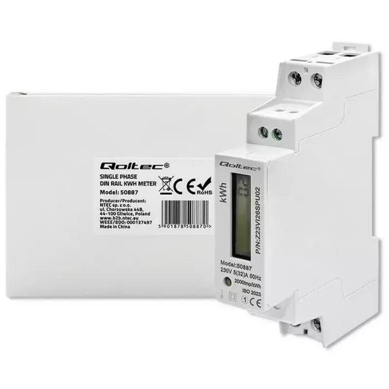 Vienfāzes elektroenerģijas skaitītājs QOLTEC 50887 1-fāze 230V LCD plāns