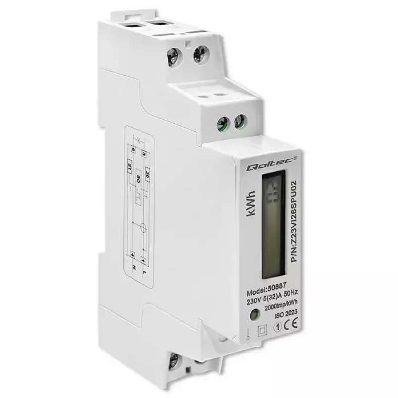 Vienfāzes elektroenerģijas skaitītājs QOLTEC 50887 1-fāze 230V LCD plāns