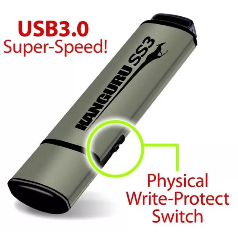 Kanguru SS3™ SuperSpeed USB3.0 64 GB | Drošs zibatmiņas disks | Fizisks rakstīšanas aizsardzības slēdzis | Saderīgs ar Windows “Ready Boost” | Vienkārša bezvadu iestatīšana | Plug and Play