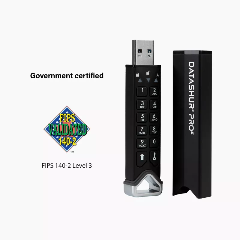 iStorage datAshur PRO2 64 GB | Drošs zibatmiņas disks | FIPS 140-2 3. līmeņa sertificēts | AES-XTS 256-bitu aparatūras šifrēšana | Ar paroli aizsargāts | Putekļu/ūdens izturīgs |