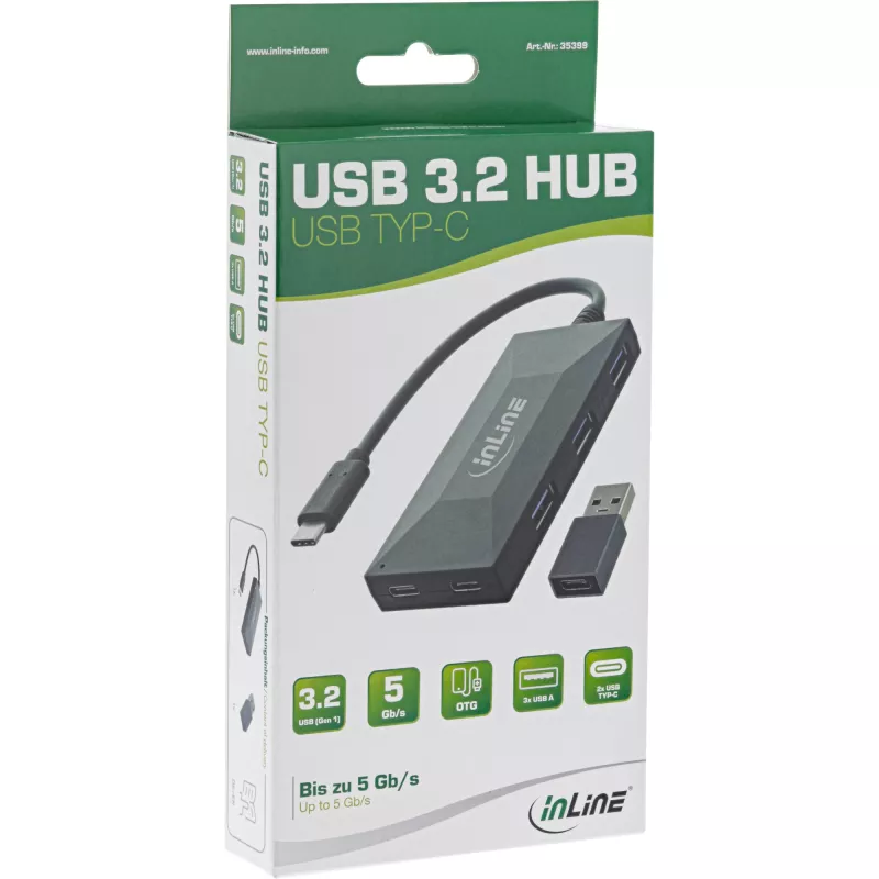 InLine USB 3.2 Gen.1 centrmezgls, USB-C uz 2 pieslēgvietām USB-C un 3 pieslēgvietām USB-A, bez barošanas bloka