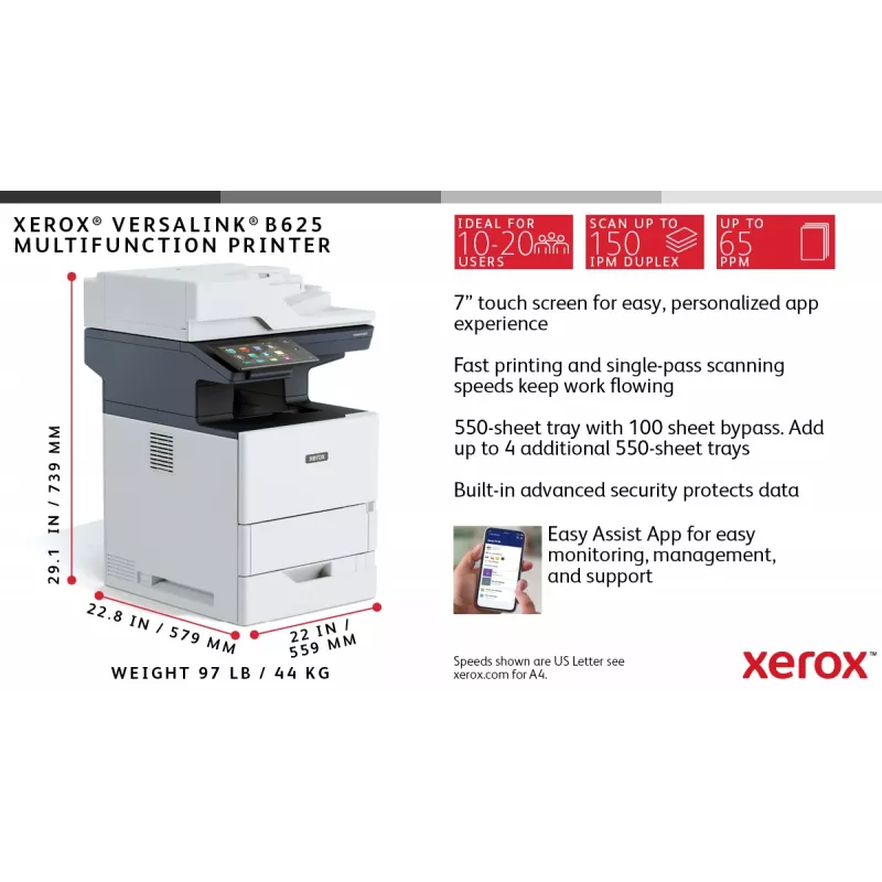 Xerox VersaLink B625 A4 61lpp Duplekss Kopēšana/Drukāšana/Skenēšana/Fakss PS3 PCL5e/6 2 Paplātes 650 Lapas