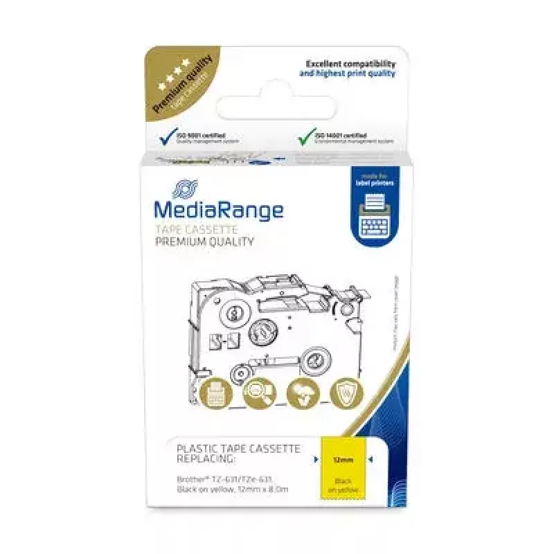 Plastmasas lentes kasete MediaRange TZ-631 12mm melns uz dzeltena