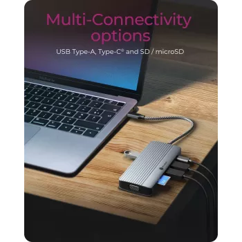 Dokstacija ICY BOX IB-DK4040a-CPD — 10-in-1 USB-C, HDMI 4K60Hz, VGA, 3×USB-A, Gigabit LAN, PD 100W, SD/MicroSD, Alumīnijs