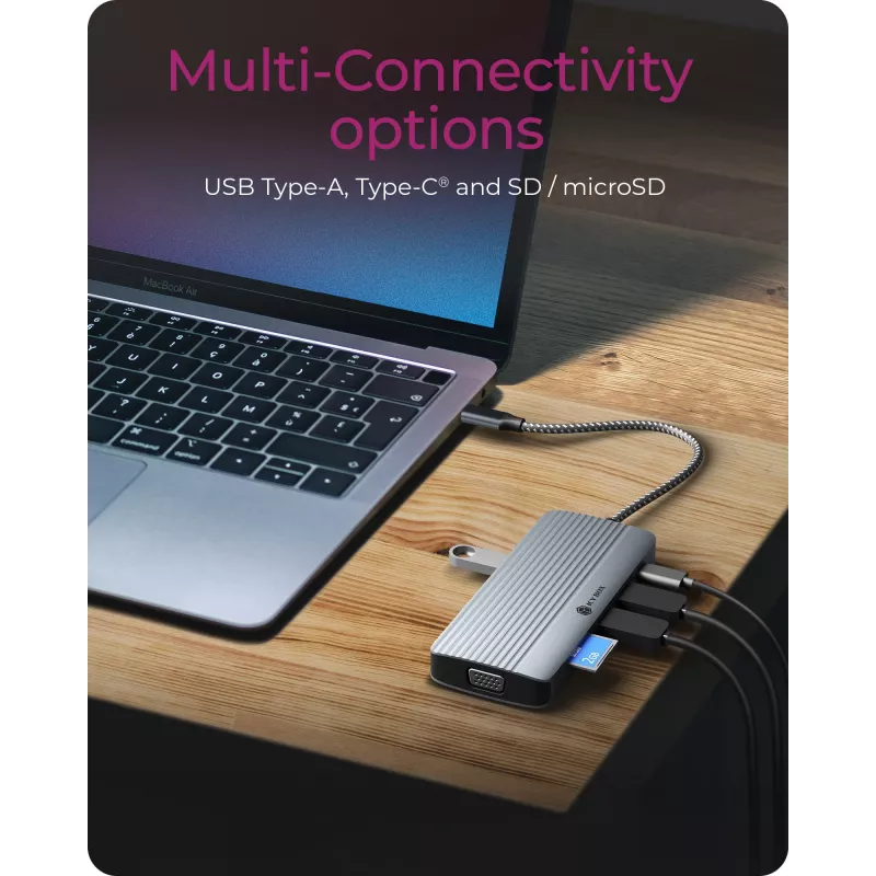 Dokstacija ICY BOX IB-DK4040a-CPD — 10-in-1 USB-C, HDMI 4K60Hz, VGA, 3×USB-A, Gigabit LAN, PD 100W, SD/MicroSD, Alumīnijs