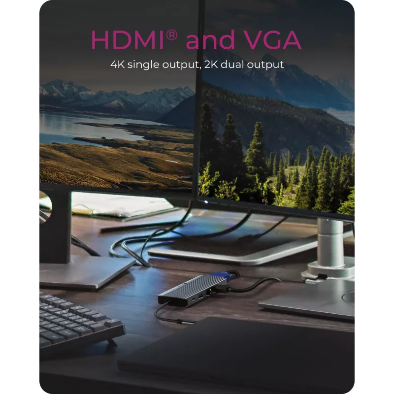 Dokstacija ICY BOX IB-DK4040a-CPD — 10-in-1 USB-C, HDMI 4K60Hz, VGA, 3×USB-A, Gigabit LAN, PD 100W, SD/MicroSD, Alumīnijs