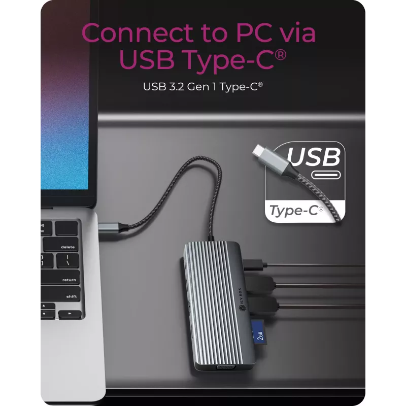 Dokstacija ICY BOX IB-DK4040a-CPD — 10-in-1 USB-C, HDMI 4K60Hz, VGA, 3×USB-A, Gigabit LAN, PD 100W, SD/MicroSD, Alumīnijs