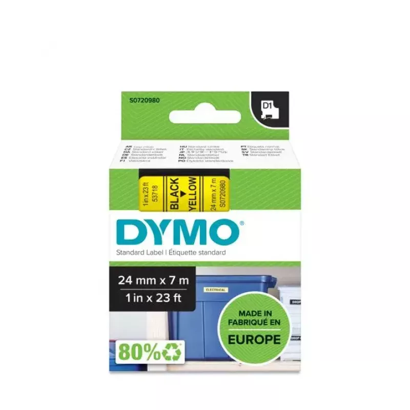 DYMO oriģinālās D1 uzlīmes | 24 mm x 7 m rullis | melna druka uz dzeltenas | pašlīmējošas uzlīmes LabelManager uzlīmju printeriem
