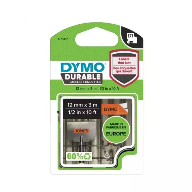 DYMO Autentiskā D1 Izturīgā uzlīmju lente | Melna druka uz oranžas lentes | 12 mm x 3 m | Augstas veiktspējas uzlīmju lente LabelManager uzlīmju printeriem
