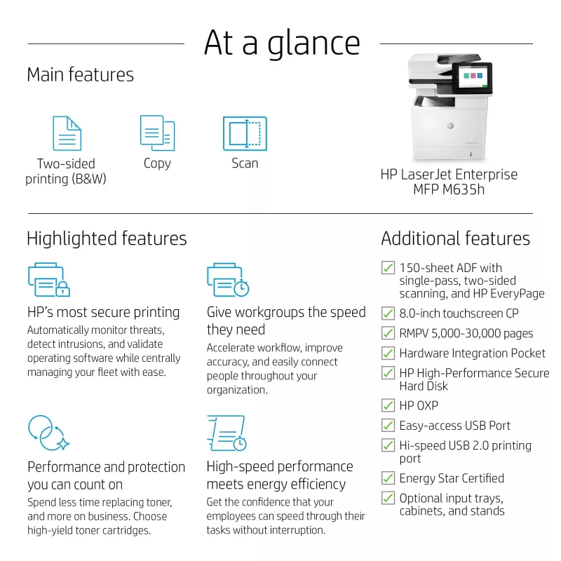 HP LaserJet Enterprise MFP M635h, lāzerprinteris, vienkrāsas drukāšana, 1200 x 1200 DPI, vienkrāsas kopēšana, A4, melns, balts