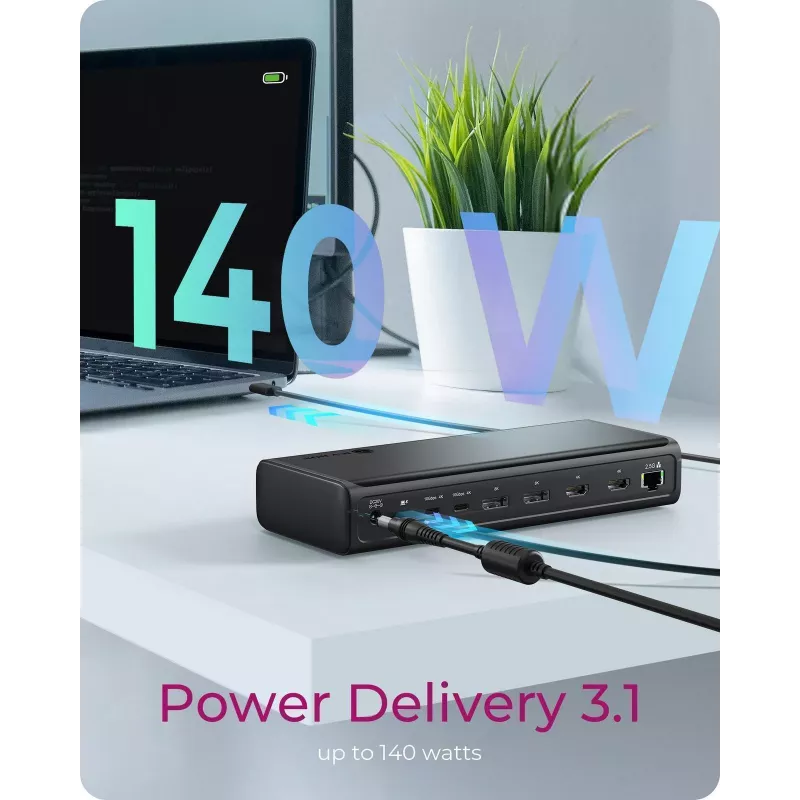ICY BOX DockingStation 17-in-1, sešas video izejas, vadu, USB 3.2 Gen 2 (3.1 Gen 2) Type-C, 140 W, 3,5 mm, 10,100,1000,2500 Mbit/s, melna