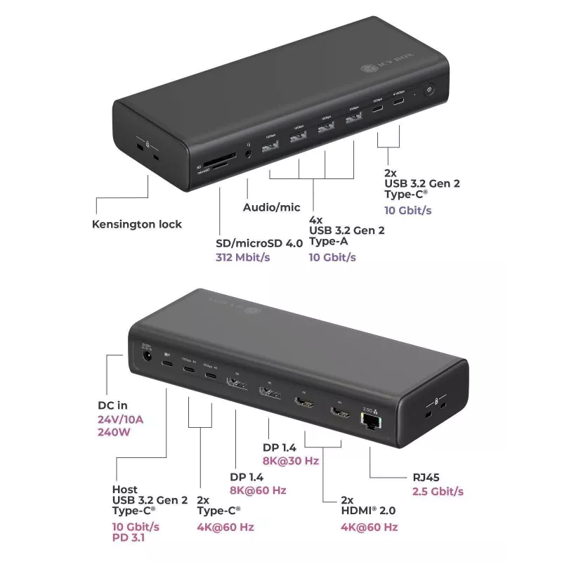 ICY BOX DockingStation 17-in-1, sešas video izejas, vadu, USB 3.2 Gen 2 (3.1 Gen 2) Type-C, 140 W, 3,5 mm, 10,100,1000,2500 Mbit/s, melna