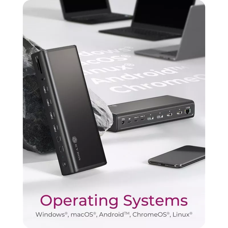 ICY BOX DockingStation 17-in-1, sešas video izejas, vadu, USB 3.2 Gen 2 (3.1 Gen 2) Type-C, 140 W, 3,5 mm, 10,100,1000,2500 Mbit/s, melna