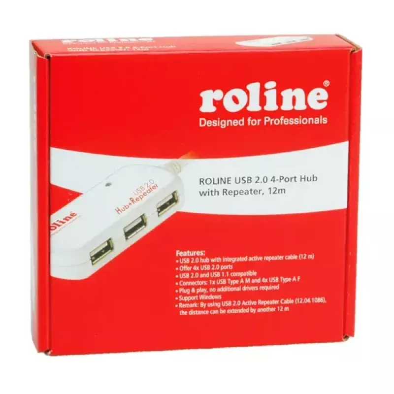 USB centrmezgls ROLINE 4 portu ar atkārtotāju 12 m
