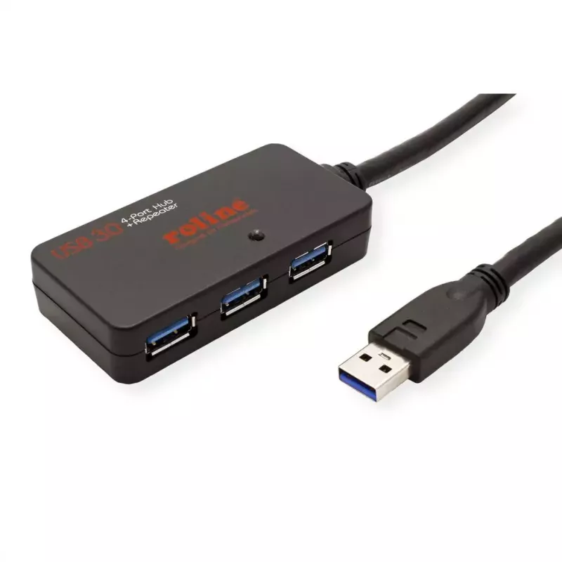 ROLINE USB 3.2 Gen 1 centrālmezgls ar 4 pieslēgvietām un atkārtotāju, melns, 10 m