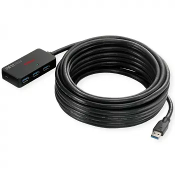 ROLINE USB 3.2 Gen 1 centrālmezgls ar 4 pieslēgvietām un atkārtotāju, melns, 10 m